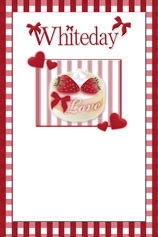 赤いギンガムチャックの背景に白枠の中にイチゴが二つ乗ったプチケーキとリボンのイラストのハガキテンプレート