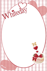 イチゴのプチケーキと大きな円にホワイトデーの英字と赤いリボンと赤いハートのイラストのハガキテンプレート