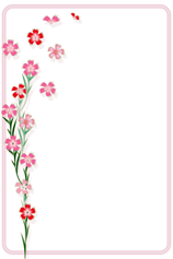 ハガキテンプレートは白い背景に左いっぱいにピンクと赤のナデシコのイラスト