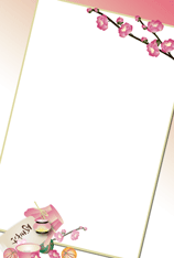 ハガキテンプレートは甘酒に桃の花とぼんぼりを添えて可愛いおちょこと桃の花のイラスト ピンクの背景