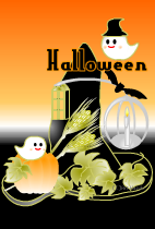 ハガキテンプレートはハロウィンのイメージ　黒い帽子の形をした屋敷に可愛いお化けにかぼちゃのイラストの黒とオレンジの背景に
