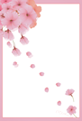 ハガキテンプレートはピンクの枠に白い背景　左上から桜の花が毬のようにしだれ右下に舞い踊る様子のイラスト