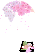 ハガキテンプレートは上部に紫とピンクの満開の桜の花に右下に桜の花を添えた黒い皿に乗せたピンクの和菓子に緑の和菓子と桜の形をした砂糖菓子のイラストです