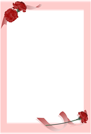 ピンクの太い枠に上部に2つのカーネーションの花と下部に一輪のカーネーションを添えたイラストのハガキテンプレート