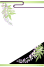 ハガキテンプレートは上下にグリーンのライン左上と右下に藤の花右下は参画に黒い背景に花のイラスト