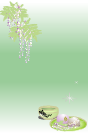 ハガキテンプレートはグリーンと白のグラデーションの背景に左上に藤の花　右下に抹茶と和菓子のイラスト