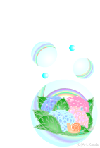 ハガキテンプレートは白い背景に右下にピンク紫青とブルーの紫陽花に虹とカタツムリのイラスト