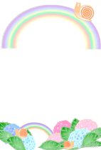 ハガキテンプレートは白い背景に上部に左右いっぱいの虹の上にカタツムリ　下部には6色の紫陽花に虹とカタツムリのイラスト