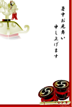 暑中見舞いのテンプレートは赤い枠の左上にお神輿右下に小太鼓のイラスト