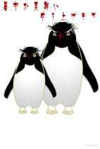 暑中見舞いテンプレートは白い背景に大きく中央に親子のイワトビペンギンが正面を向いているイラスト