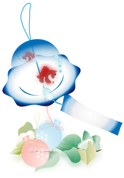 金魚鉢の形をした風鈴の下にブルーとピンクの水ヨーヨーと朝顔の葉のイラスト