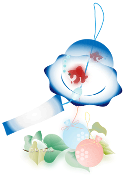 金魚鉢の形をした風鈴とピンクとブルーの水ヨーヨーと朝顔の葉のイラスト