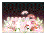菊の花と扇子蝶の振袖風の柄のイラストのデスクトップ壁紙　ブラウンの背景