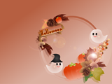 ハロウィンのお化けと秋の小物のリースのイラストのデスクトップ壁紙 ブラウンの背景
