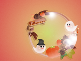 ハロウィンのお化けと秋の小物のリースのイラストのデスクトップ壁紙　オレンジの背景