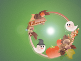 ハロウィンのお化けと秋の小物のリースのイラストのデスクトップ壁紙 グリーンの背景