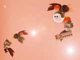 ハロウィンのお化けと秋の小物のイラストのデスクトップ壁紙 オレンジの背景