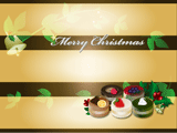 クリスマスのベルと柊とプチケーキのイラストのデスクトップ壁紙　ブラウンの背景