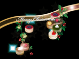クリスマスのベルとプチケーキのイラストのデスクトップ壁紙　黒い背景とリボン