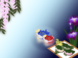 藤の花と菖蒲の花とこいのぼりの置物のイラスト