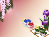 藤の花と菖蒲の花とこいのぼりの置物のイラスト