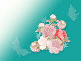 手鞠と牡丹の花に蝶のイラストのデスクトップ壁紙　緑の背景