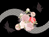 手鞠と牡丹の花に蝶のイラストのデスクトップ壁紙　黒の背景
