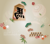 2014年の干支、左馬に将棋の駒、シャンパンゴールドのキラキラの背景に松竹梅に手鞠のイラストのスマートフォン用壁紙