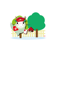 年賀状テンプレートは木の前にある赤いポストにはがきを届ける可愛いたつの郵便屋さんのイラストです。