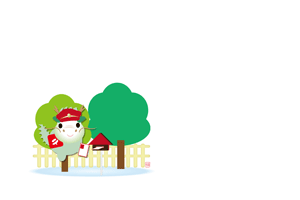 年賀状テンプレートは木の前にある赤いポストにはがきを届ける可愛いたつの郵便屋さんのイラストの横長年賀状テンプレート