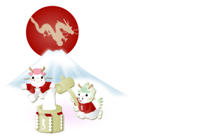 可愛い辰のキャラクターの餅つきのイラストと富士山の横型の年賀状テンプレート