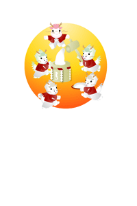 可愛いたつのキャラクターの餅つきと門松のイラストの年賀状テンプレート