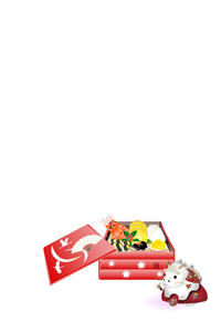 辰と重箱のお節料理のイラストの年賀状テンプレート