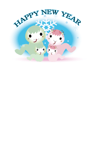 可愛いへびの親子が初雪で喜んでいるのイラストの年賀状テンプレート　Happy　New　Yearの賀詞入り