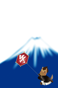 可愛い午のキャラクターが紋付き袴を着て凧揚げをしているイラストの年賀状テンプレート