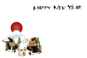可愛いうまのキャラクターの餅つきのイラストの横長の年賀状テンプレート　HAPPY NEW YEARの賀詞入り