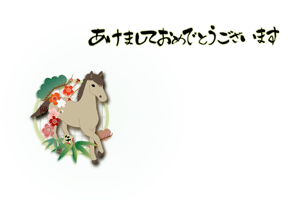 横型に左に午と丸窓に松竹梅のイラストの年賀状テンプレート　あけましておめでとうございますの賀詞入り
