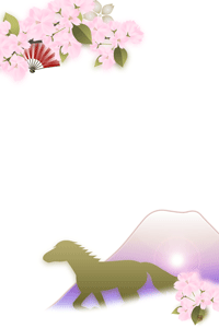 可愛いうまと桜の花のイラストの年賀状テンプレート
