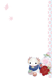 可愛い未の置物と牡丹の花が印象的なイラストの年賀状テンプレート