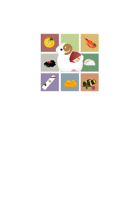 9色の正方形におせちと未の置物のイラストの年賀状テンプレート