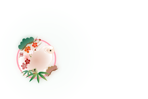 横型に左に未と丸窓に松竹梅のイラストの年賀状テンプレート