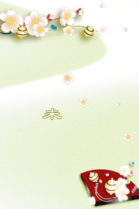 年賀状テンプレートは薄いグリーンの背景に梅の花のイラストです