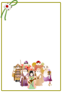 サイコロを飾り紐で飾った金の枠に七福神を中央に描いた年賀状テンプレート