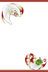 年賀状テンプレートは赤い勾玉に丸鶴と丸亀の縁起の良いイラスト