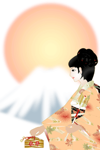 年賀状テンプレートは和装の女性と富士山