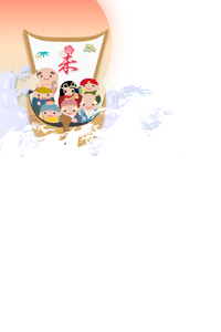丸くてかわいい七福神と宝船のイラストの年賀状テンプレート