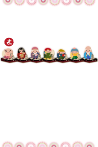 並んだ七福神と菊柄のイラストの年賀状テンプレート