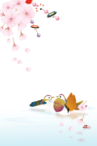 さくらの花とお正月小物の玉飾りにおしどりの年賀状テンプレート